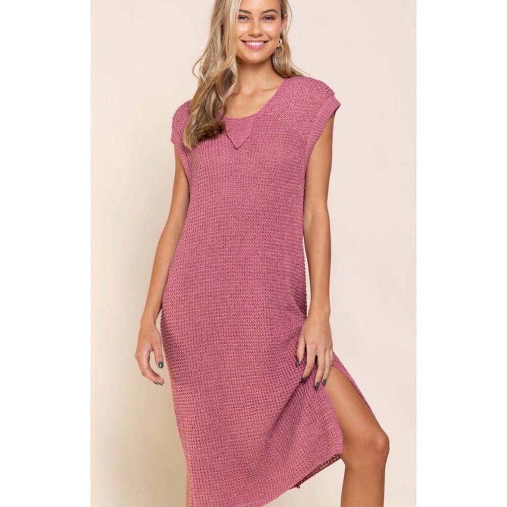 POL Raspberry Loose Knit Sleeveless Hoodie Dress